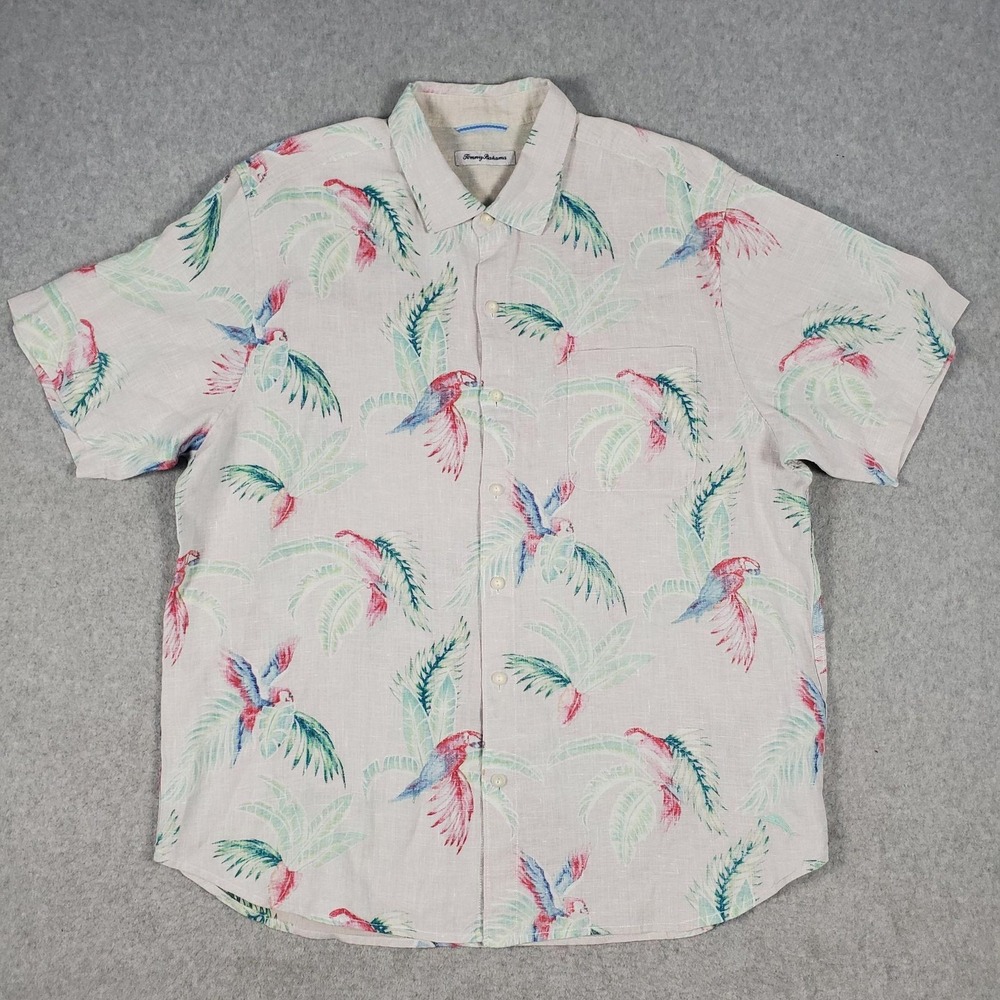 Tommy Bahama Shirt Mens XL Multicolor Linen Parrot Hawaiian Button Up Casual